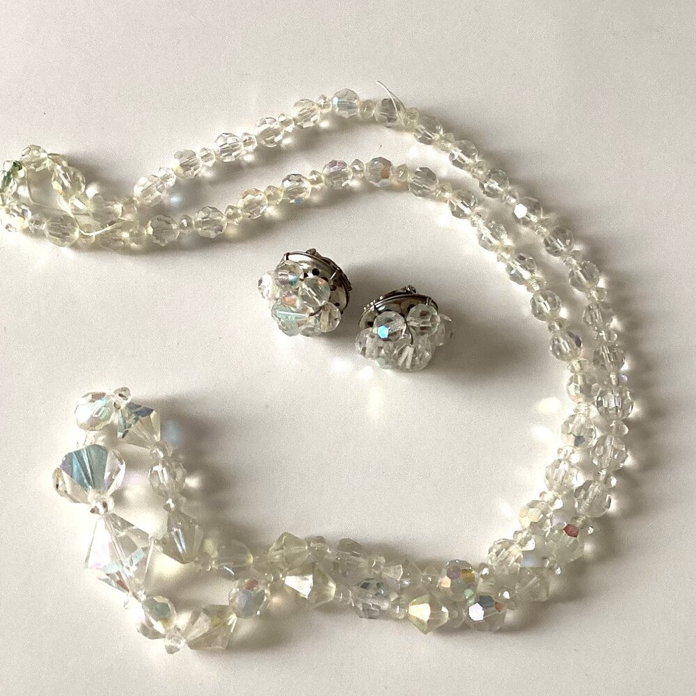Vintage 1950s Aurora Borealis Necklace & Clip on Earrings Retro Y2K